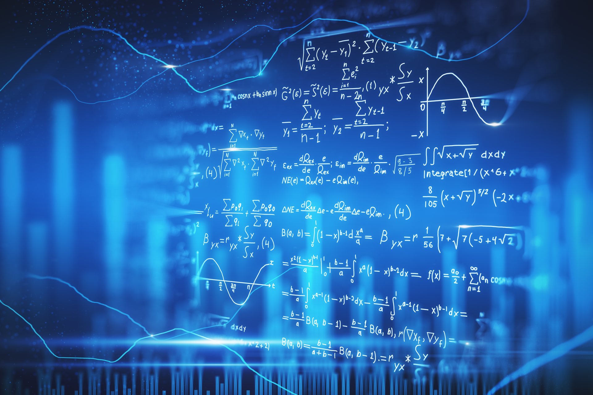 A collage of a blackboard with formulas and charts, bars and curves